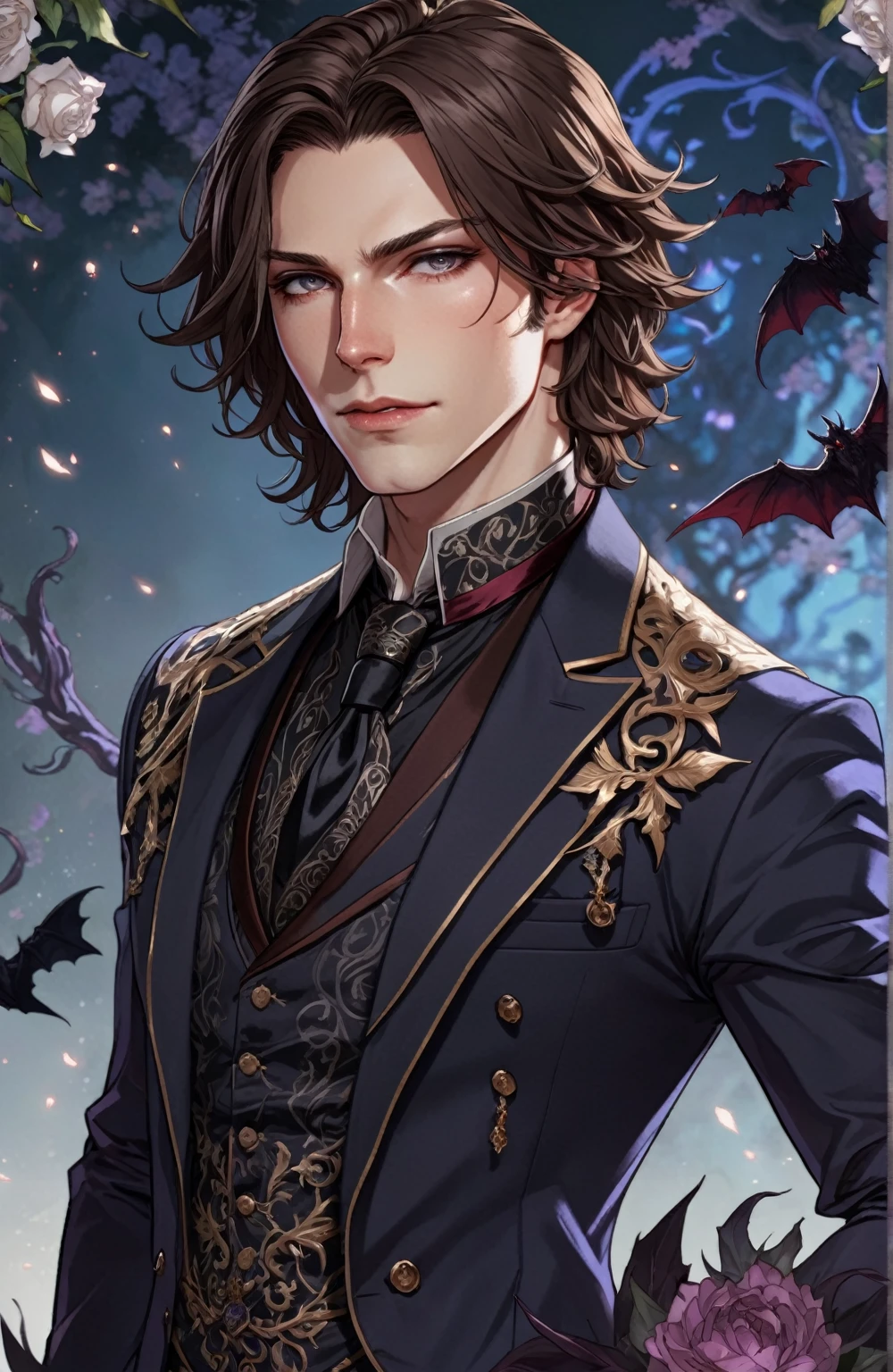 a close up of a person in a suit (pale skin dark brown hair), delicate androgynous prince, beautiful androgynous prince, caleb from critical role, highly detailed exquisite fanart, handsome guy in demon slayer art, highly detailed character, hyperdetailed fantasy character, handsome male vampire, wolfgang lettl highly detailed, detailed character portrait, official character art, handsome stunning realistic