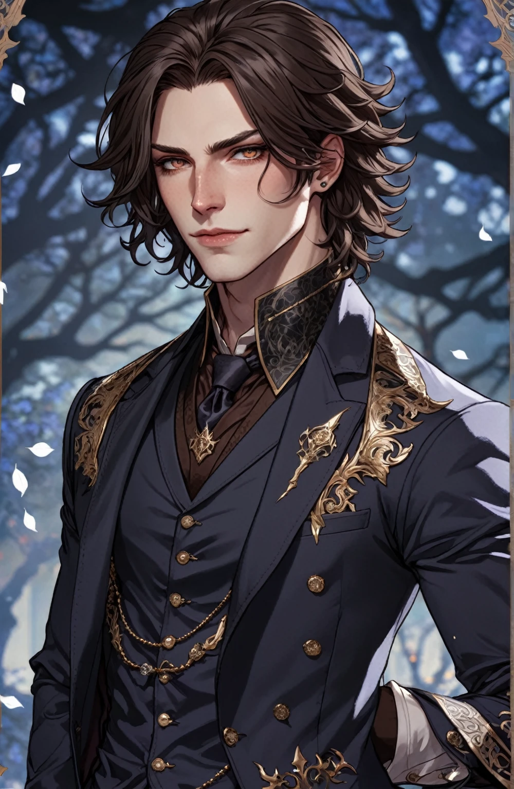 a close up of a person in a suit (pale skin dark brown hair), delicate androgynous prince, beautiful androgynous prince, caleb from critical role, highly detailed exquisite fanart, handsome guy in demon slayer art, highly detailed character, hyperdetailed fantasy character, handsome male vampire, wolfgang lettl highly detailed, detailed character portrait, official character art, handsome stunning realistic