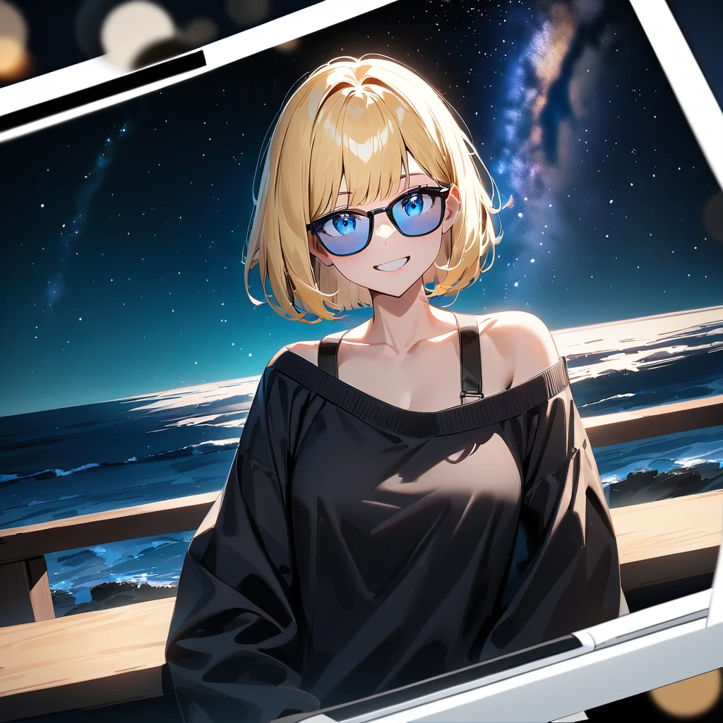 ((grin)), ((off-shoulder sweater:1.3, Quite thick shoulder straps)), ((black sweater)), ((blond hair, bob cut:1.3)), ((sunglasses, hand to sunglasses)), (((from side))), ((((upper body)))), bare legs, ((Leaning to side)), (((a beautiful starry sky, the Milky Way shining beautifully in the night))), ((sitting on the very high cliff)), wavy hair, inward curled hair, ((sea, nature)), breasts, ager, (looking at viewer), oversized clothes, puffy long sleeves, collarbone, head tilt:1.3, (((blue eyes))), happy smile, (((anime style))), (best quality, 4K, 8K, highres, masterpiece:1.2, ultra-detailed, ultra-detailed eyes, HDR, uhd, studio lighting, ultra-fine painting, sharp focus, physically-based rendering, extreme detail description, professional, vivid colors, bokeh)