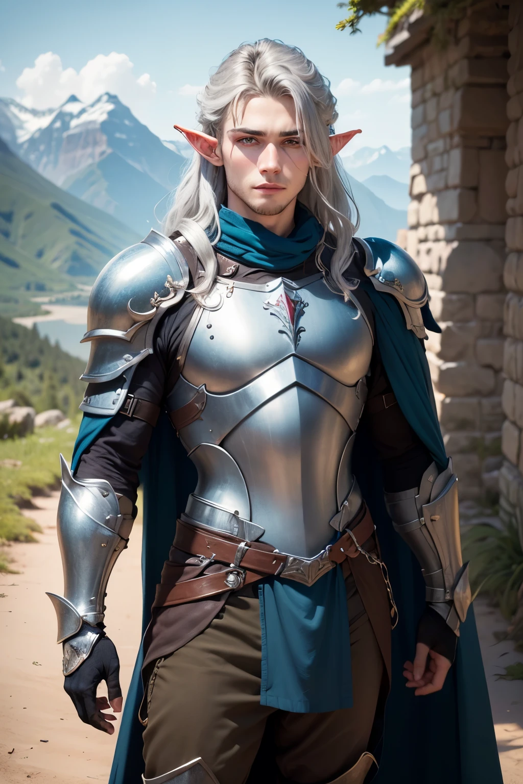 ((best qualityer)), ((work of art)), (detailded), ((best quality)), ((masterpiece)), (detailed), Prize-winning works, with incredible details, maximum textures and details, uhd ,8K,super resolution ,depth of field, retina, masterpiece, anatomically correct, textured skin, super detail, high details, highres ,1 Male elf fantasy warrior adventurer ,long gray hair ,rosto ultra detailded ,blue colored eyes, wide chin, A slight smile  , wearing blue adventurer armor , blue gauntlets and gloves, black green breastplate, black and silver long cape ,fully body, olhos penetrantes hiperdetaildeds ,blue heavy armor (25 year old young man :1.1,olhos detaildeds, rosto detailded, whole body:1.1,the bottom is a valley ,mountains and forest ),(best qualityer:1.2,ultra-detailded:1.1,realisitic:1.37) ,eyeshadows,sharp focus,swirly vibrant colors,)

