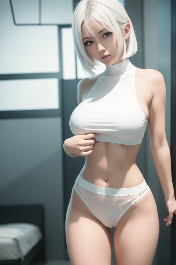 there is a woman with a very large breast posing for a picture, 2 b, 2b, with abs, perfect white haired girl, photo of slim girl model, wearing a sexy cropped top, beautiful midriff, sexy look, anime girl in real life, beautiful cyberpunk woman model, shot on canon eos r5, shot on canon eos r 5, solo, 1 girk, in a spaceship, perfect waist, (((highly detailed face)))