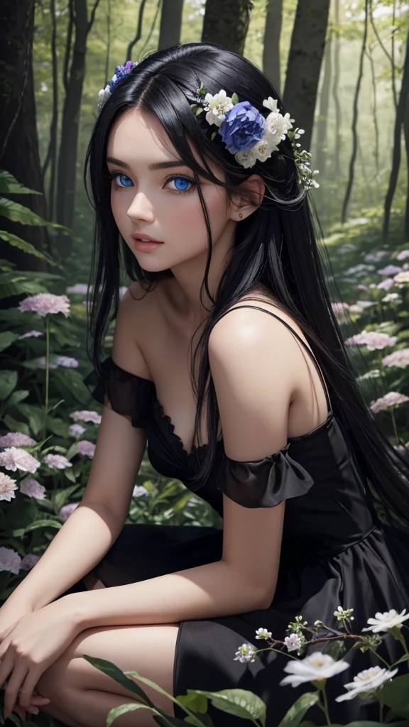 Beautiful girl with blue eyes and black hair wearing an elegant black dress in a beautiful forest full of flowers  