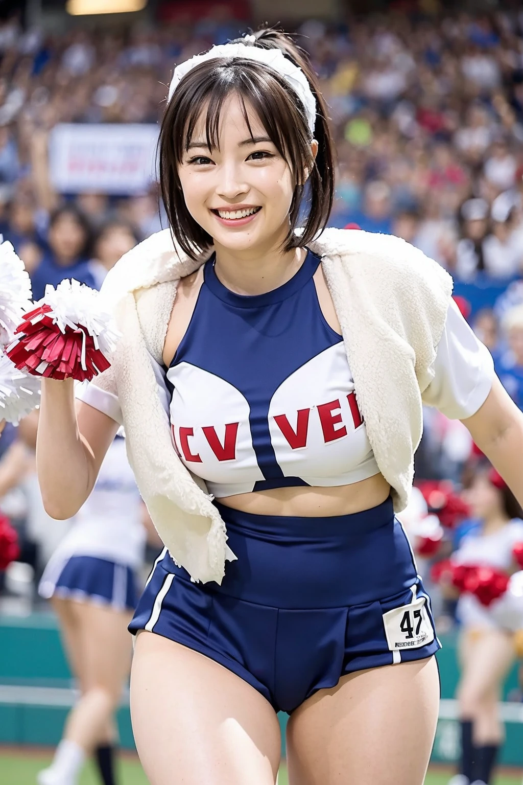 A beautiful Japanese girl、(Cheerleading Costumes),dance、White skin、Baseball stadium stands,Large Breasts、Separated chest