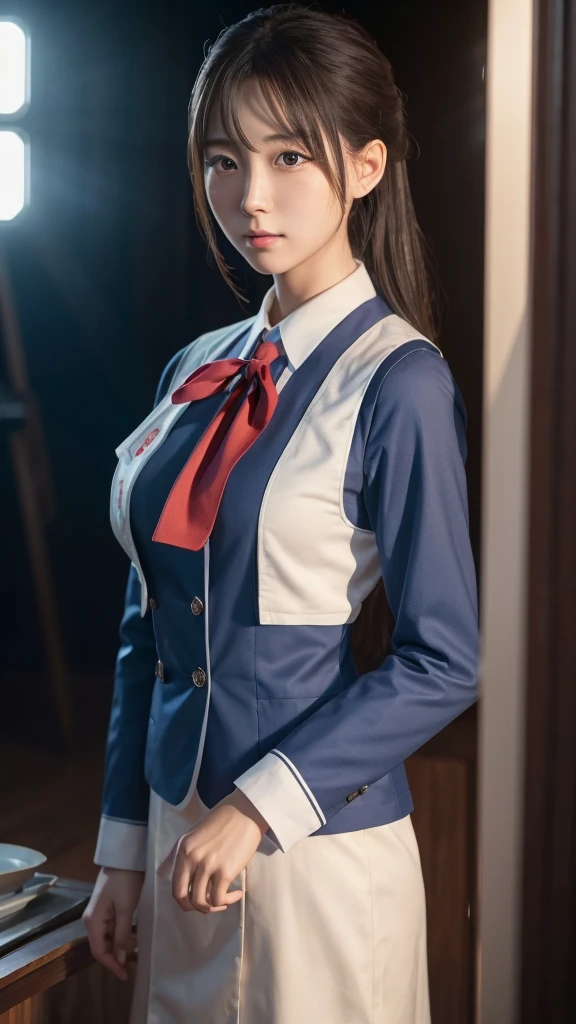 A beautiful young Japanese woman, around 20 years old, wearing a stewardess uniform, ultra-detailed, 8K resolution, highly realistic, cinematic lighting, best quality, masterpiece, photorealistic, physically-based rendering, extremely detailed, vivid colors, professional, sharp focus, studio lighting