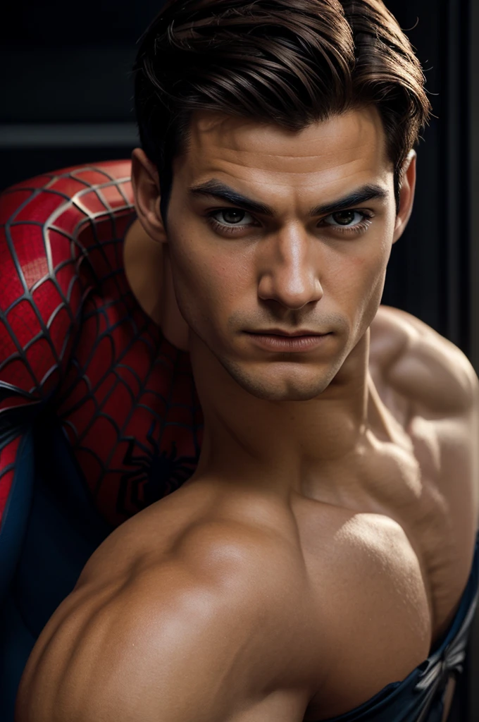 A photograph of Spider-Man., sin mascara, the 20s, elegant, detailed face, looking to the camera, portrait, 8k hd, high quality
