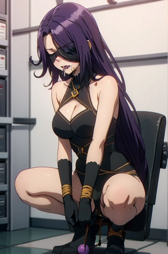 1girl,solo focus,arms behind back,hair ornament,bangs,blush,saliva,drooling,,,panties,frogtie,underwear,pantyhose, juice, juice drip through clothes,femdom,bdsm,(black blindfold,ball gag,gagged:1.2),(object insertion,sex toy:1.2),rope,bondage,bound,restrained,shibari,shibari over clothes,bound wrists,bound ankles,bound arms,bound legs,bound wrists,box tie,breast bondage,crotch rope,skindentation,purple hair,
