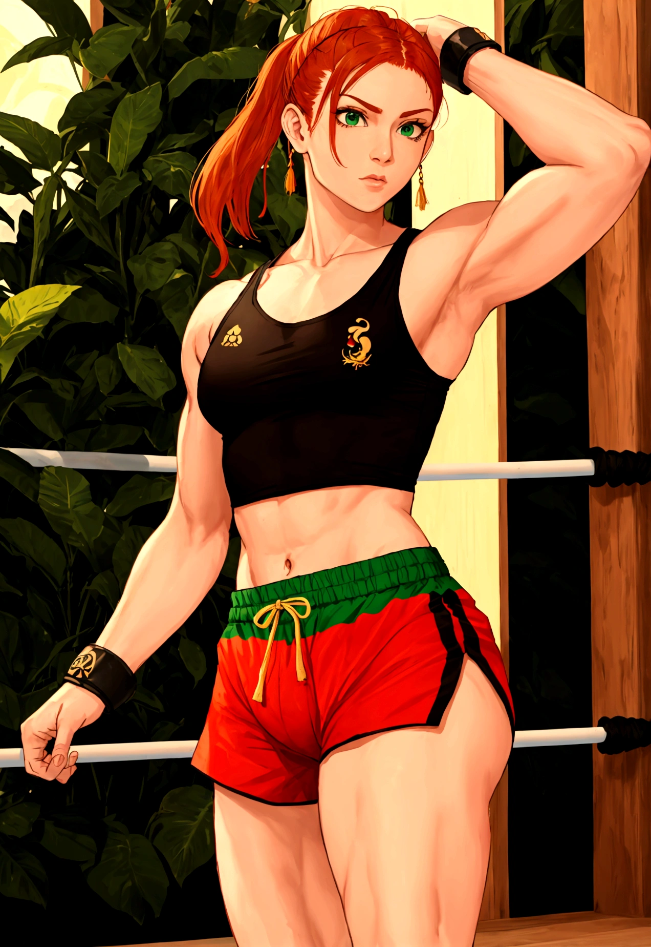 A ginger haired Muay Thai kickboxer from Italy wearing black tank top and green muay thai short shorts 
