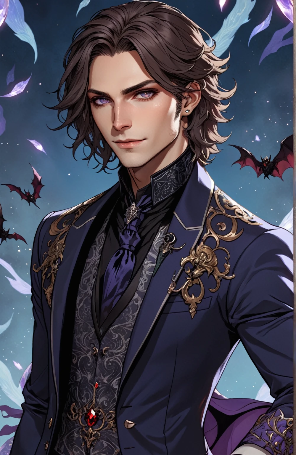 a close up of a person in a suit and, delicate androgynous prince, beautiful androgynous prince, caleb from critical role, highly detailed exquisite fanart, handsome guy in demon slayer art, highly detailed character, hyperdetailed fantasy character, handsome male vampire, wolfgang lettl highly detailed, detailed character portrait, official character art, handsome stunning realistic
