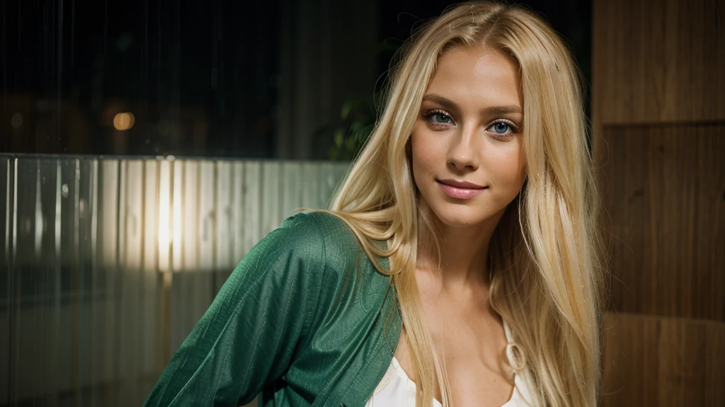 Kiara Hunter Blonde woman, posing, stand body, dressed with green outfit design, rainy, with Skyblue eyes and long hair, sexy smile, Beautiful blonde woman, Beautiful blonde girl, a beautiful blonde, blonde beautiful young woman, Portrait of Nicole Aniston , cute female model, blonde woman, blonde and attractive features, Sexy girl with long blonde hair, Beautiful blonde hair, blonde goddess, beautiful woman, Young blonde woman, Swedish blonde woman, night rainy.