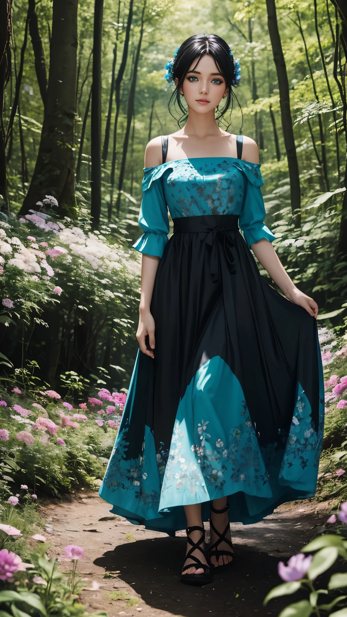 Beautiful girl with blue eyes and black hair wearing an elegant turquoise dress in a beautiful forest full of flowers