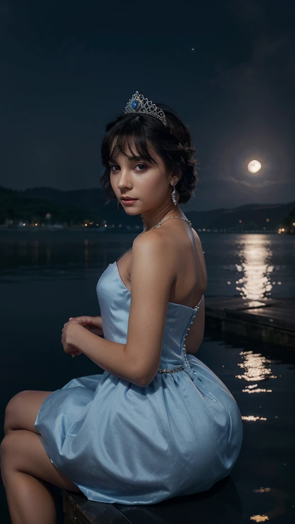 princess_dress,tiara,earrings,sitting_on_pier,night,moonlight,lake,reflection,starlight,perfect_quality,perfect_anatomy,stary_sky,beautiful_sky,deep_fog,short hair,black hair,good anatomy,best quality,masterpiece,beautiful,cute face