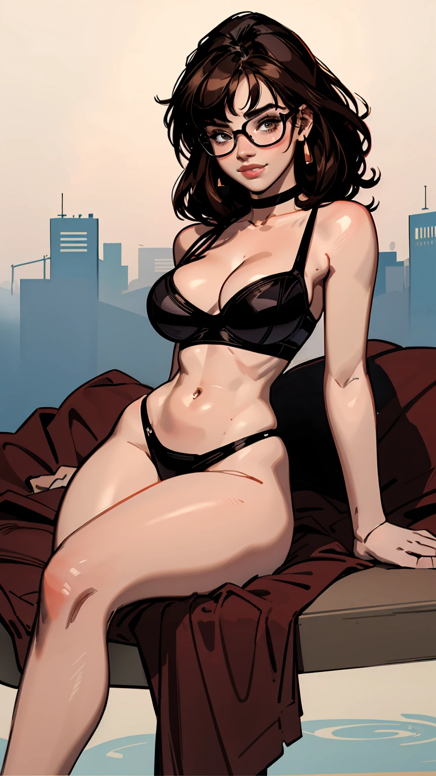 Woman, skinny fit and toned body, thick breasts, cleavage, straight brown hair with bangs, circle glasses, skimpy tank top bra, slutty high rise thong, sexy lounging pose, soft smile, blushing