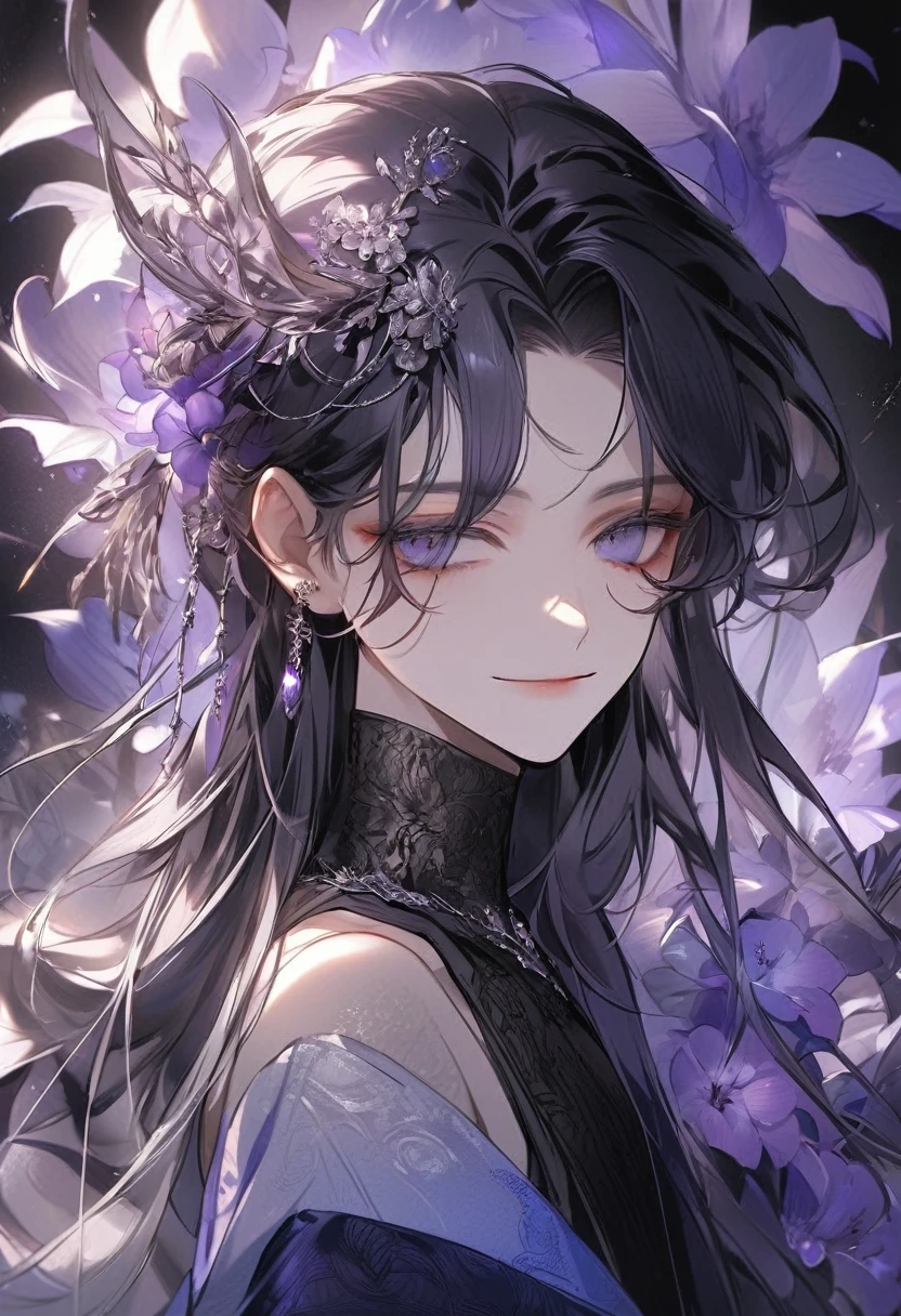 Feminine boy, soft womanish facial features, smile, squinted siren dark blue eyes without glare, silver and dark purple long loose hair with straight bang, fantasy black clothes with blue and purple elements, long black gloves, model, gorgeous, elegant, lots of silver jewelry, flowers in his hair, skinny body