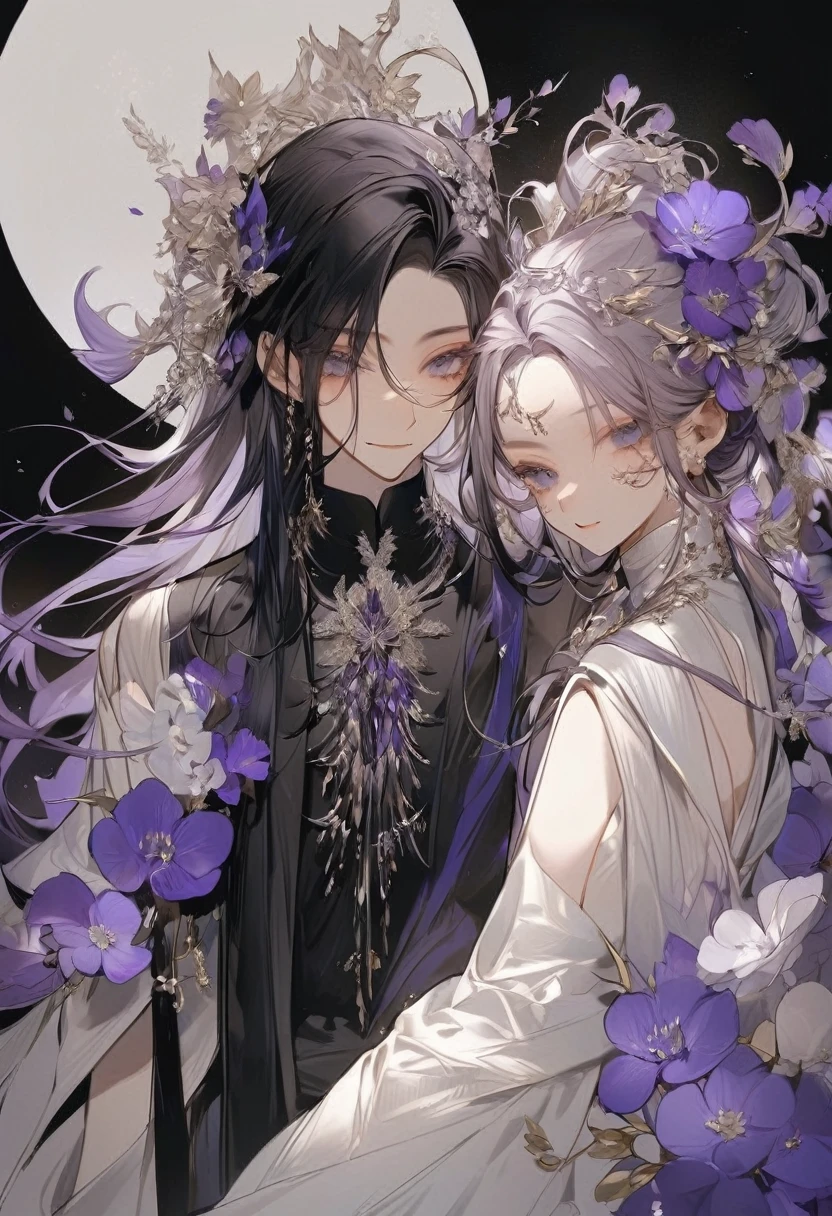Feminine boy, soft womanish facial features, smile, squinted siren dark blue eyes without glare, silver and dark purple long loose hair with straight bang, fantasy black clothes with blue and purple elements, long black gloves, model, gorgeous, elegant, lots of silver jewelry, flowers in his hair, skinny body