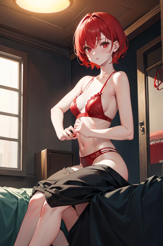 Undressing、Acme Face、M-shaped legs、short hair、Red Hair、、hair over one eye、、Red underwear、Pale red eyes、Blushing、Bedroom、On the bed、Random pose、Looks like she's about to cum、Glamorous expression、Blushing、Red underwear、Cute underwear、Undressing、、Bedroom、On the bed、M-shaped legs、Random pose,Show your pants、short hair、Red Hair、、hair over one eye、night、night、Not wearing a bra、、Blushing、lipstick、Perfect hands、Detailed hands、Bedroom、On the bed、hand bra