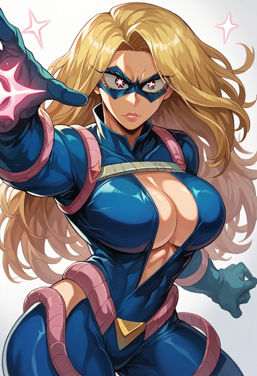 A beautiful, voluptuous anime girl from My Hero Academia, All Might Girl, blonde, sparkling eyes, strong and heroic pose, pink lips, iconic hair, heroine outfit, dynamic pose, incredible heroine, plunging neckline