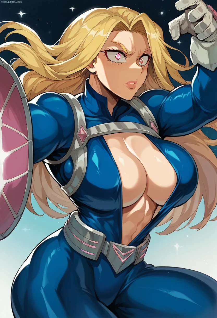 A beautiful, voluptuous anime girl from My Hero Academia, All Might Girl, blonde, sparkling eyes, strong and heroic pose, pink lips, iconic hair, heroine outfit, dynamic pose, incredible heroine, plunging neckline