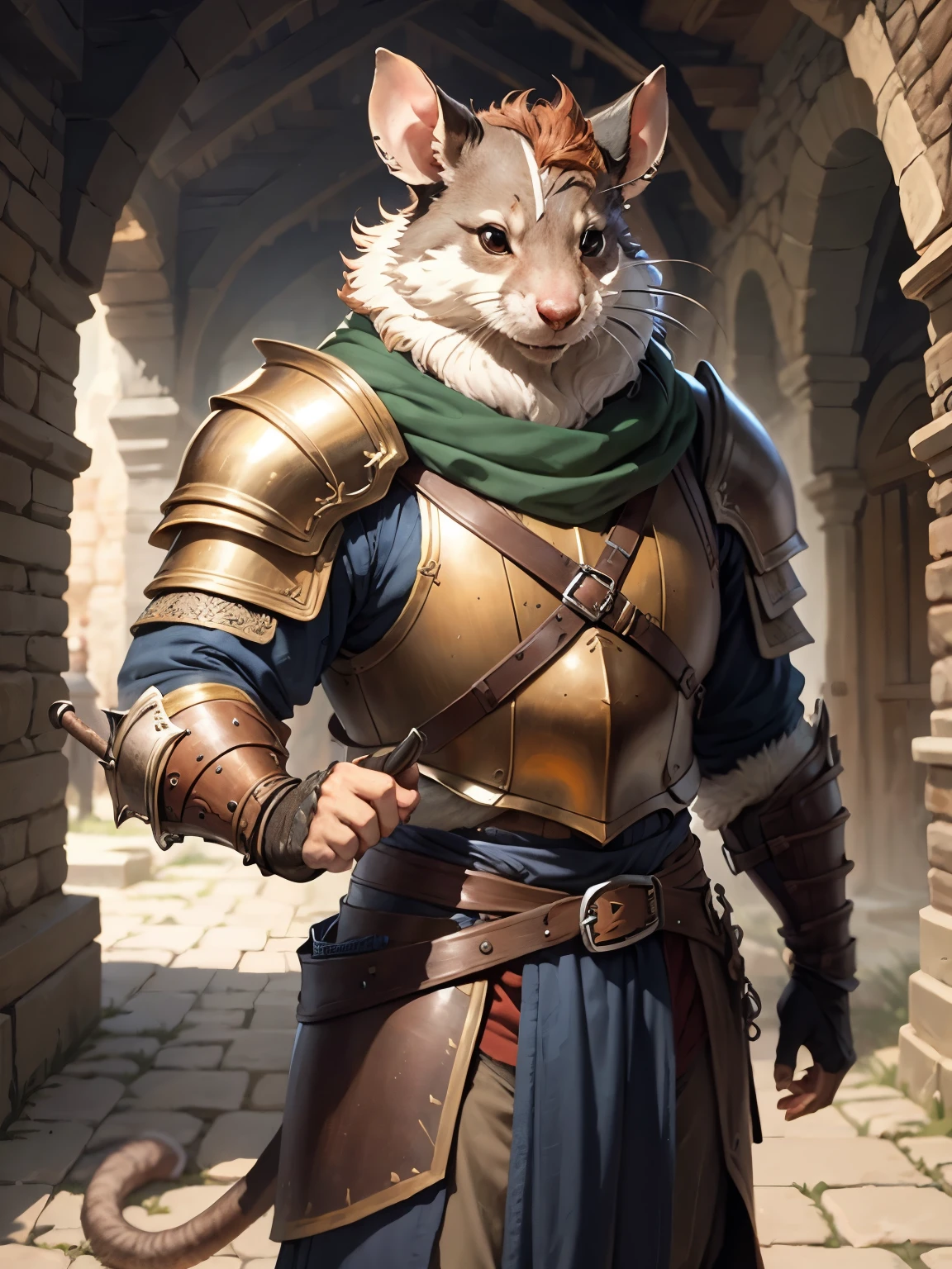 create a medieval man rat in confidence pose with armor