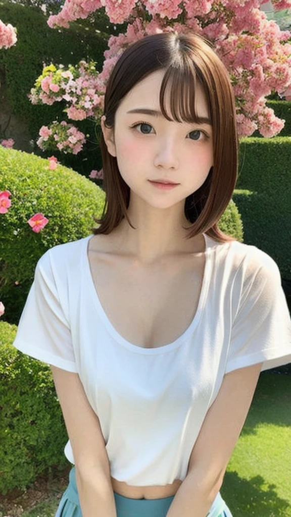 (masterpiece, Highest quality:1.2), Japanese、One Girl, , cute, Expressionless, alone, Small Nose, Small red cheeks and nose, 非常にcute表情, Short Bob,Wavy Hair、、透き通るようなwhiteい肌、whiteいキャミソール、((girl、Upper body angle))、the skin is transparent、Flat chest for a more realistic look、whiteTshirt、Blurred Background、garden、Promenade、Flower Field