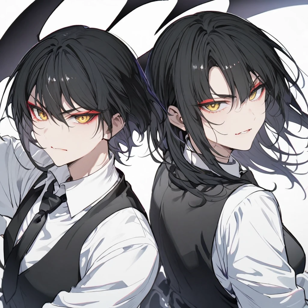 Short black hair, Iaido style, Golden eyes, Black tie, Black vest, White shirt, Red makeup, Bat wings
