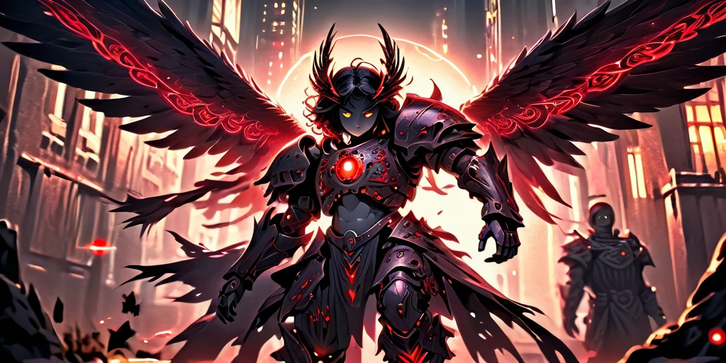Ancient anime style, artbook, comicbook, RPG, futuristic medieval, steampunk. A dark angel warrior, wearing medieval technological magic armor with glowing magic markings, dynamic pose, full body, human face with glowing magic tribal tattoos with red tones, angel features, black halo with glowing magic markings, magic red stone skin with glowing carved markings, glowing eyes, using a technological magic long spear with glowing magic circuits. In a metropolis of a hellish kingdom with advanced technology, with tall buildings with neon details, mixing technology with magical vegetation, steampunk. Wide scenery, cinematic scene with several layers of depth, dynamics, magical lighting.