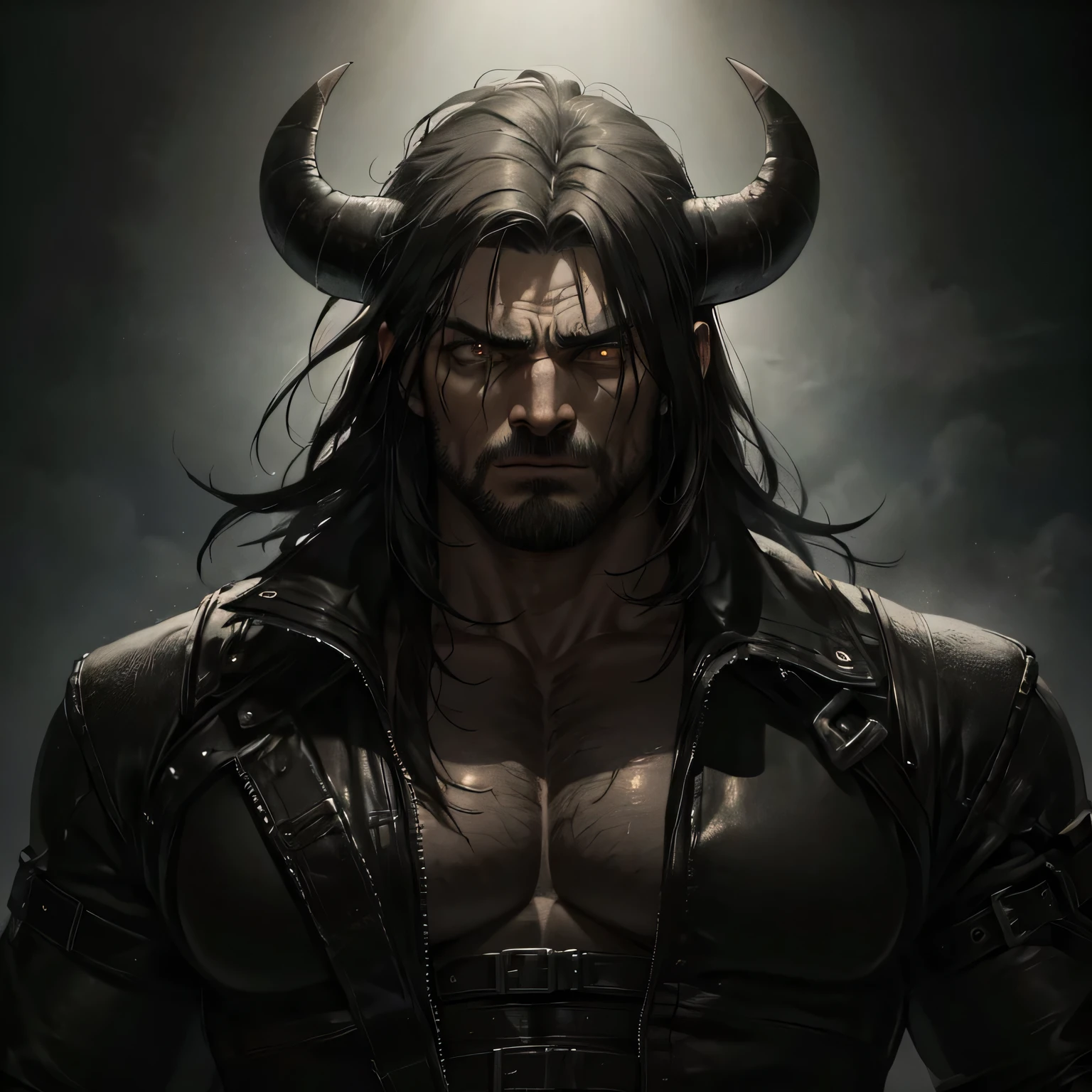 a muscular man with large bull horns on his head, hyperrealistic, highly detailed portrait, photorealistic, cinematic lighting, dramatic shadows, chiseled facial features, piercing gaze, wearing leather jacket, rugged and rugged appearance, moody and intense atmosphere, dark muted color palette, dramatic lighting effects, digital art, unreal engine, 8k, award winning concept art