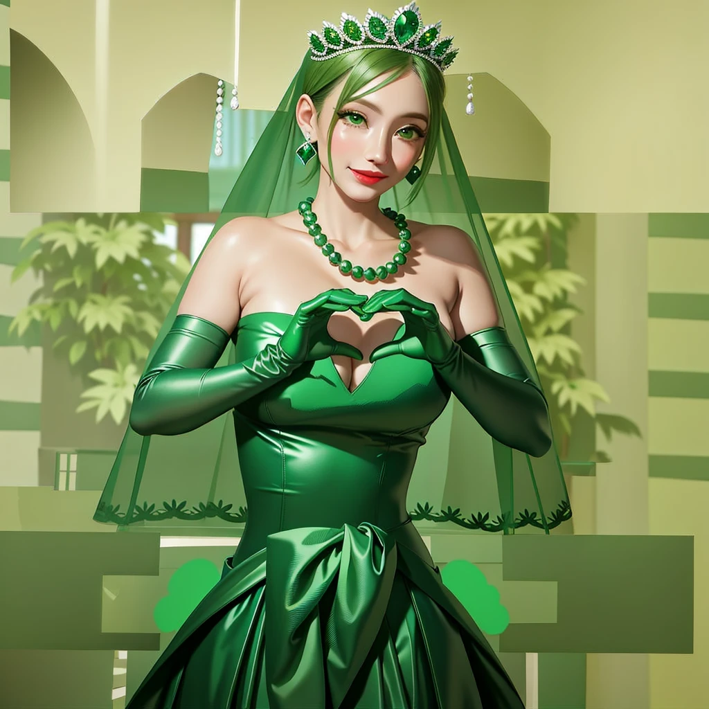 Emerald tiara, Green Pearl Necklace, ボーイッシュな非常に短いGreen Hair, Green Lips, Smiling Japanese woman, Very short hair, Busty beautiful lady, Green Eyes, Green satin long gloves, Green Eyes, Emerald Earrings, Green veil, Heart with both hands, Green Hair, Beautiful Japanese Women, Heart shaped hands:1.3, green lip gloss