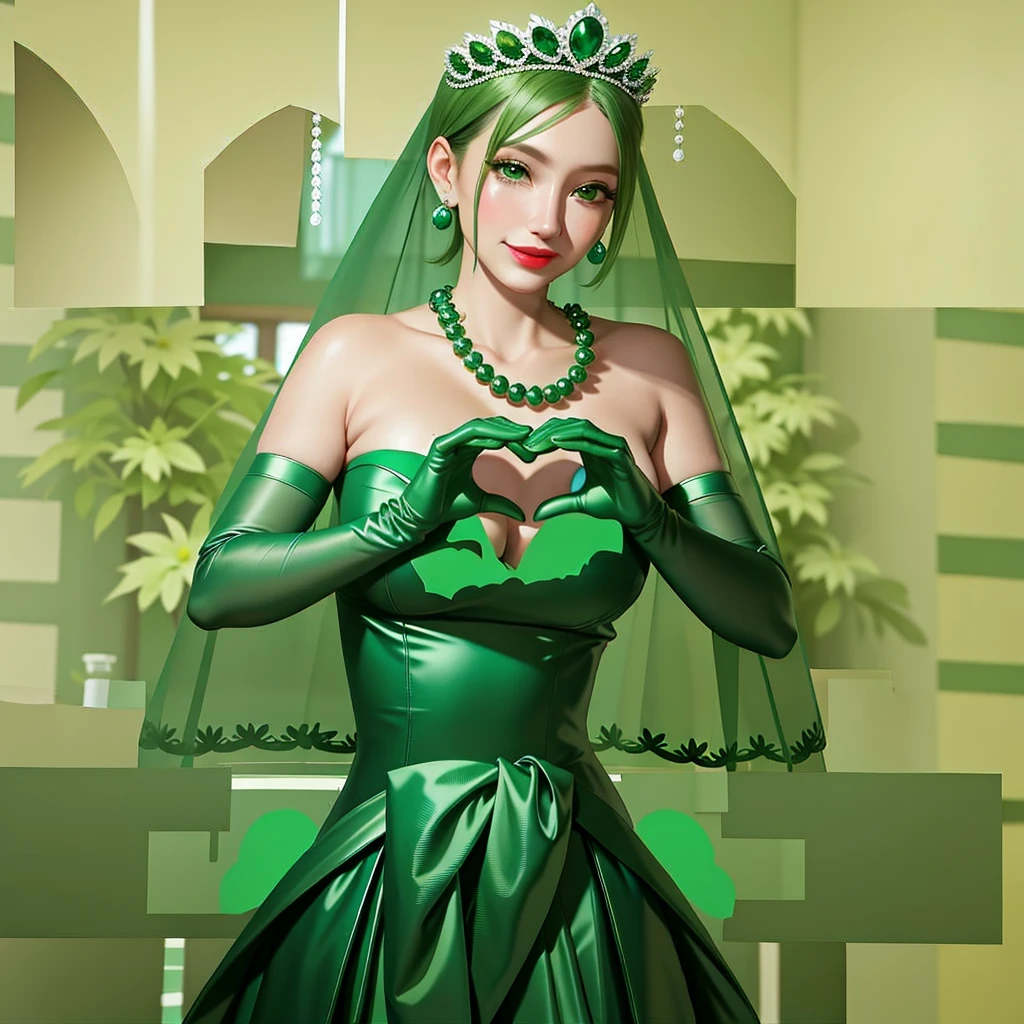Emerald tiara, Green Pearl Necklace, ボーイッシュな非常に短いGreen Hair, Green Lips, Smiling Japanese woman, Very short hair, Busty beautiful lady, Green Eyes, Green satin long gloves, Green Eyes, Emerald Earrings, Green veil, Heart with both hands, Green Hair, Beautiful Japanese Women, Heart shaped hands:1.3, green lip gloss