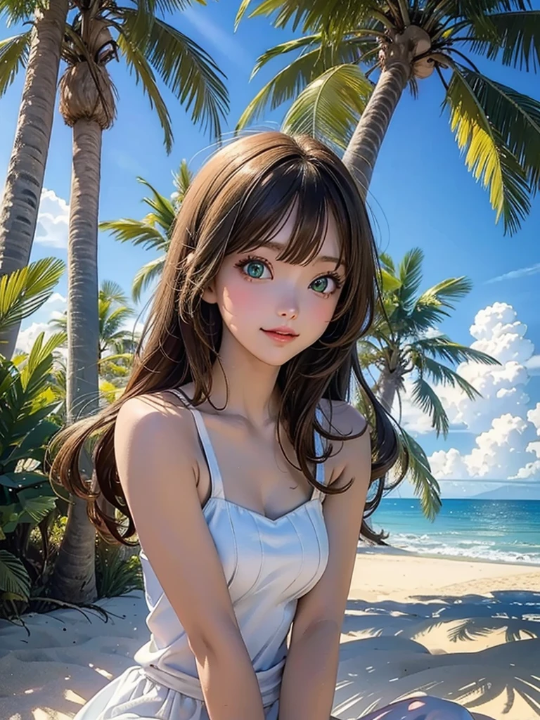 masterpiece, rich colors, Best quality, detailed, high resolution, Hyper quality, high detail, , high quality, detailing, skinny sexy girl on the beach , bright lighting , green eyes, Anime, palm trees, bright lighting,