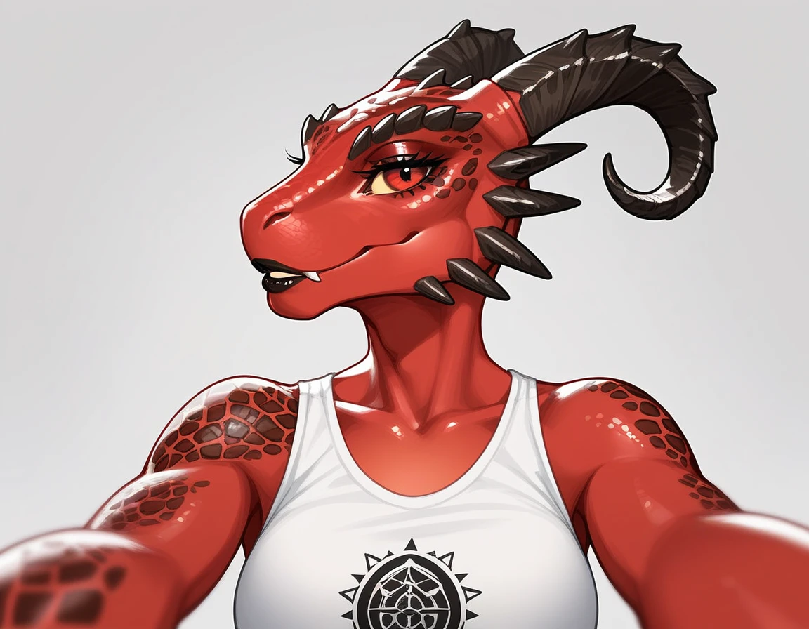 Solo, score_9,score_8_up,score_7_up, anthro Argonian female from skyrim, Anthro reptile girl, snout, red scaled skin, red eyes, black lips, black horns, black ram horns, athletic body, smiling, wearing brown laced shirt, pov, pov she is holding viewers face, pov she is holding viewer, side view, simple grey background
