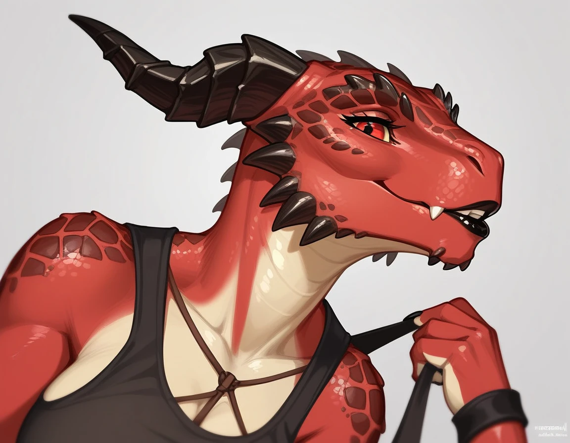 Solo, score_9,score_8_up,score_7_up, anthro Argonian female from skyrim, Anthro reptile girl, snout, red scaled skin, red eyes, black lips, black horns, black ram horns, athletic body, smiling, wearing brown laced shirt, pov, pov she is holding viewers face, pov she is holding viewer, side view, simple grey background