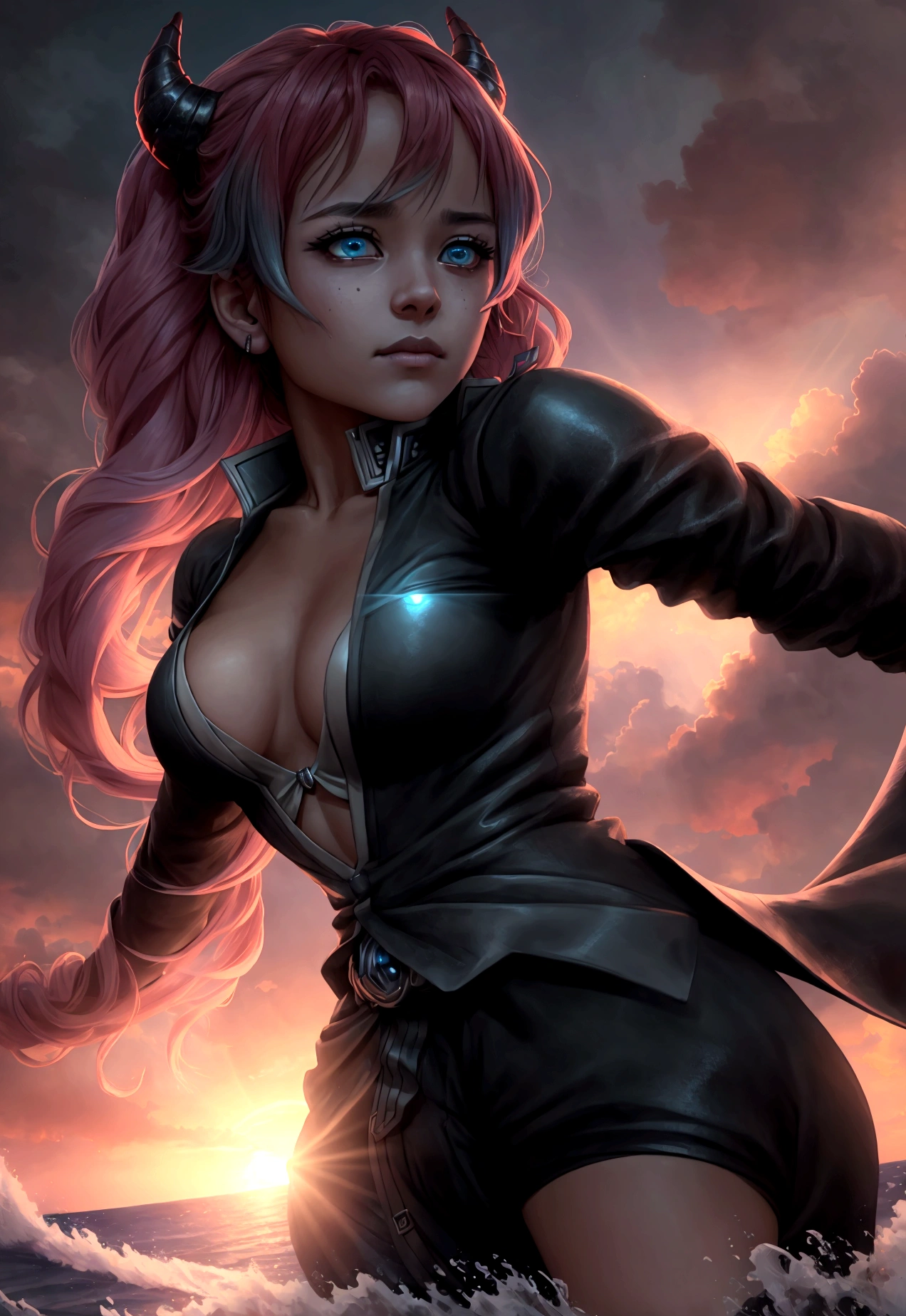 (woman inspired by mitsuri (demon slayer):1.2), (synthwave style:0.8), intricate, highly detailed, antrum, light wave, sun sunset, blue skies, photorealistic, 8k, masterpiece, cinematic, dramatic lighting, vivid colors, chiaroscuro, moody atmosphere, dramatic expression, powerful, elegant, beautiful, graceful, captivating
