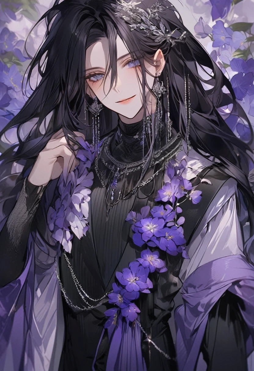 Feminine boy, soft womanish facial features, smile, squinted siren dark blue eyes without glare, silver and dark purple long loose hair with straight bang, fantasy black clothes with blue and purple elements, long black gloves, model, gorgeous, elegant, lots of silver jewelry, flowers in his hair, skinny body