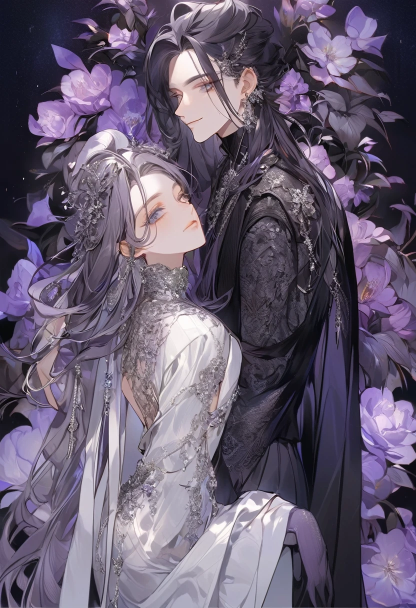 Feminine boy, soft womanish facial features, smile, squinted siren dark blue eyes without glare, silver and dark purple long loose hair with straight bang, fantasy black clothes with blue and purple elements, long black gloves, model, gorgeous, elegant, lots of silver jewelry, flowers in his hair, skinny body
