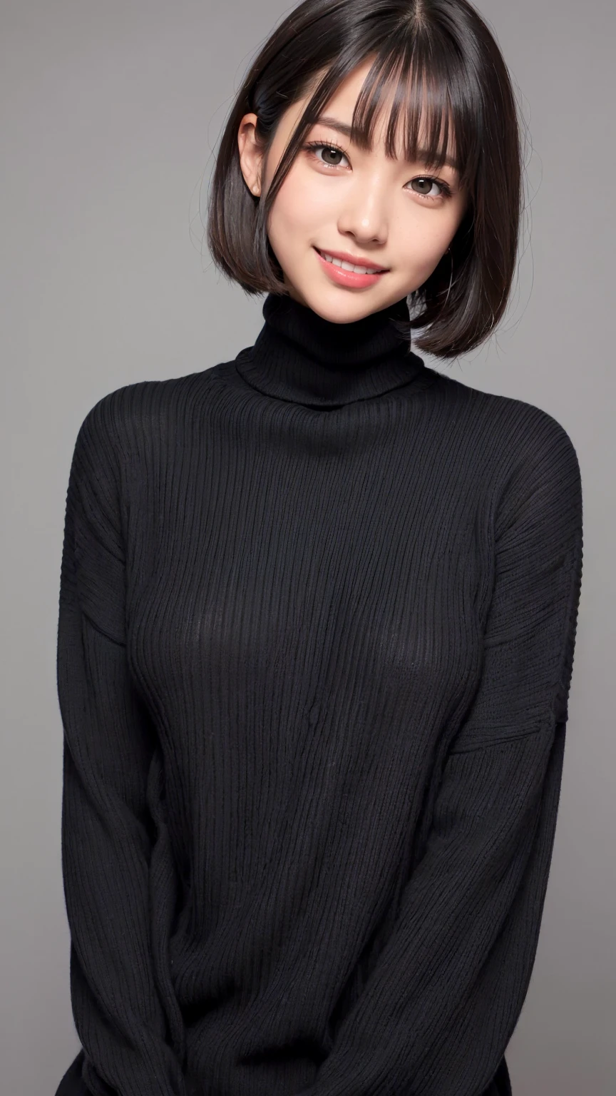 (masterpiece, Highest quality, Highest quality, High resolution, Realistic:1.2), Gray blank background, (Bright lighting, Professional Lighting), One Woman, Realistic Skin, Fine skin, Beautiful Skin, expensive, (Black Hair, Short Bob Cut, middle part), (Eyelash extensions, Fine grain, Iris, Carefully drawn eyes, View your viewers, cute, Grin:1.2), (Lean upper body, Muscular body:1.2), (Thick black turtleneck sweater:1.3), A kind smile, Small teeth visible, Upper Body Shot