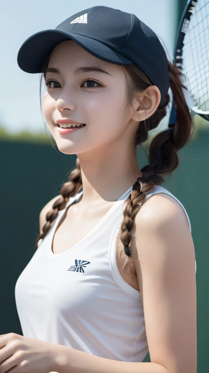 Best picture quality (8K, high resolution, Masterpiece: 1.2), super detailed,  215 Short Hair,Three braids long hair, **-****-*** woman, 


situation: Playing tennis on a hot evening。
detailed:
angle: A front shot of the serve being hit。Sweaty skin and a concentrated expression。
clothing: Tennis wear and cap、Wristband。
atmosphere: In the strong afternoon sun、The moment when passion and sporting tension intersect。

Active Pause ,
break Focus on upper 腰


, random cute pose ,big eyes ,Puffy eyes ,  Heart Pupil, blush  , huge shy smile , salute


