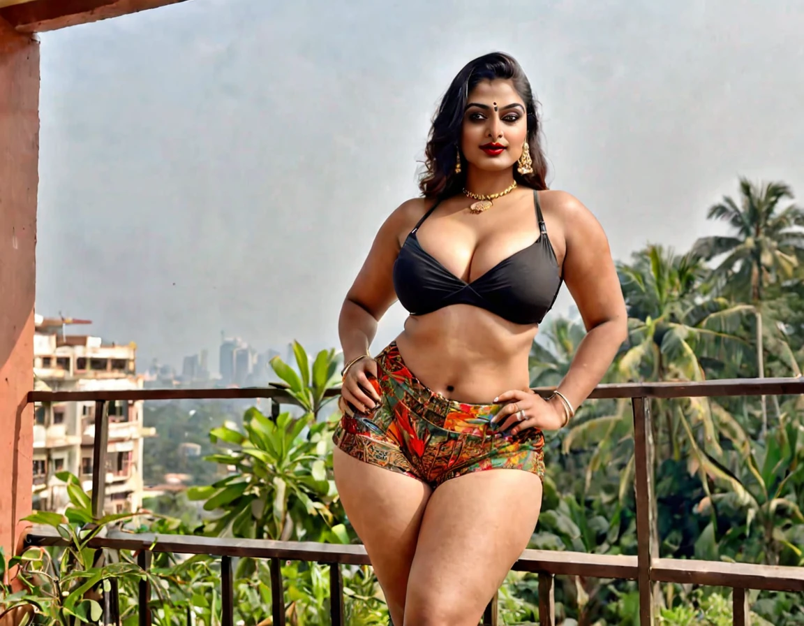 Prompt: score_9, score_8_up, score_7_up, BREAK,1girl, very exotic, thick, curvy, onlyfans model, bimbo, massive breast, big booty, thick thighs, wearing shorts, top, flirting with shota, crime,grabbing shota face, closer to her navel, outdoor, day time, bengali saree