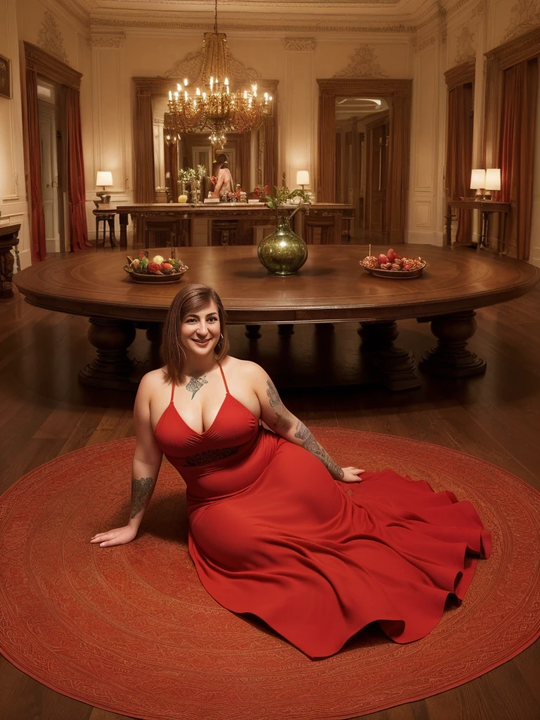 (background is a giant dining room), amazing stunningly beautiful  (toy-sized:1.5) (thicc:1.4) 21 year old (mayim bialik:1.2) (sitting on the edge of a giant expansive high square tabletop:1.4), legs dangling in the air, smiling, (very long bright red dress:1.5), (tattooed:1.2), (aquiline nose:1.5), (short brown pixie haircut:1.3), 