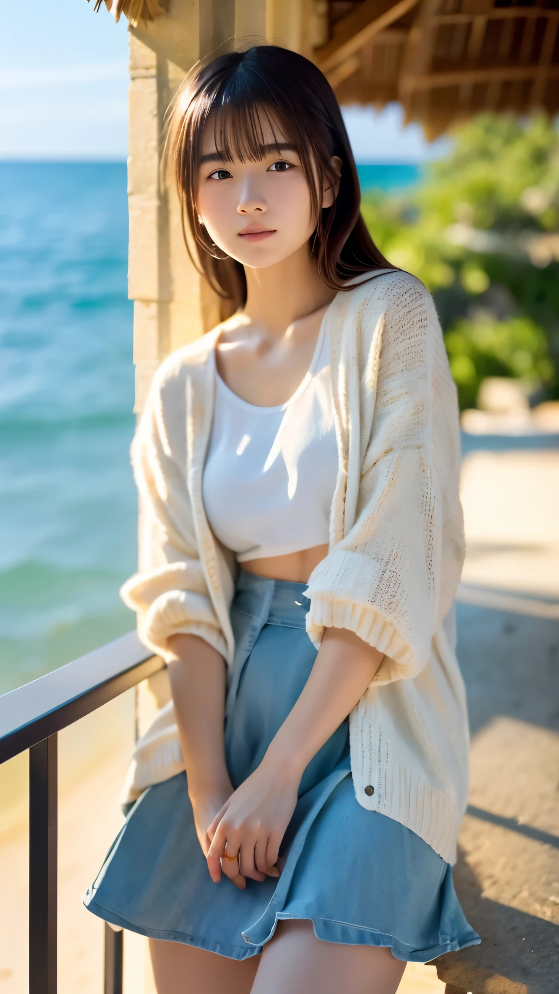 Highest quality、masterpiece、One Girl、Cute face、14 years old 、shy:0.2、Small Nose、Fuller lips、White camisole、Long sleeve beige cardigan、White long skirt、barefoot、Highly detailed face and skin texture、Small face、Small breasts、walking、break、summer night、walking along the beach、sunset、Afternoon Sun、Orange sky、Scarlet Cloud、silence、evening、Wabi-sabi art、Movie angle、Inspiring works、a memory from summer