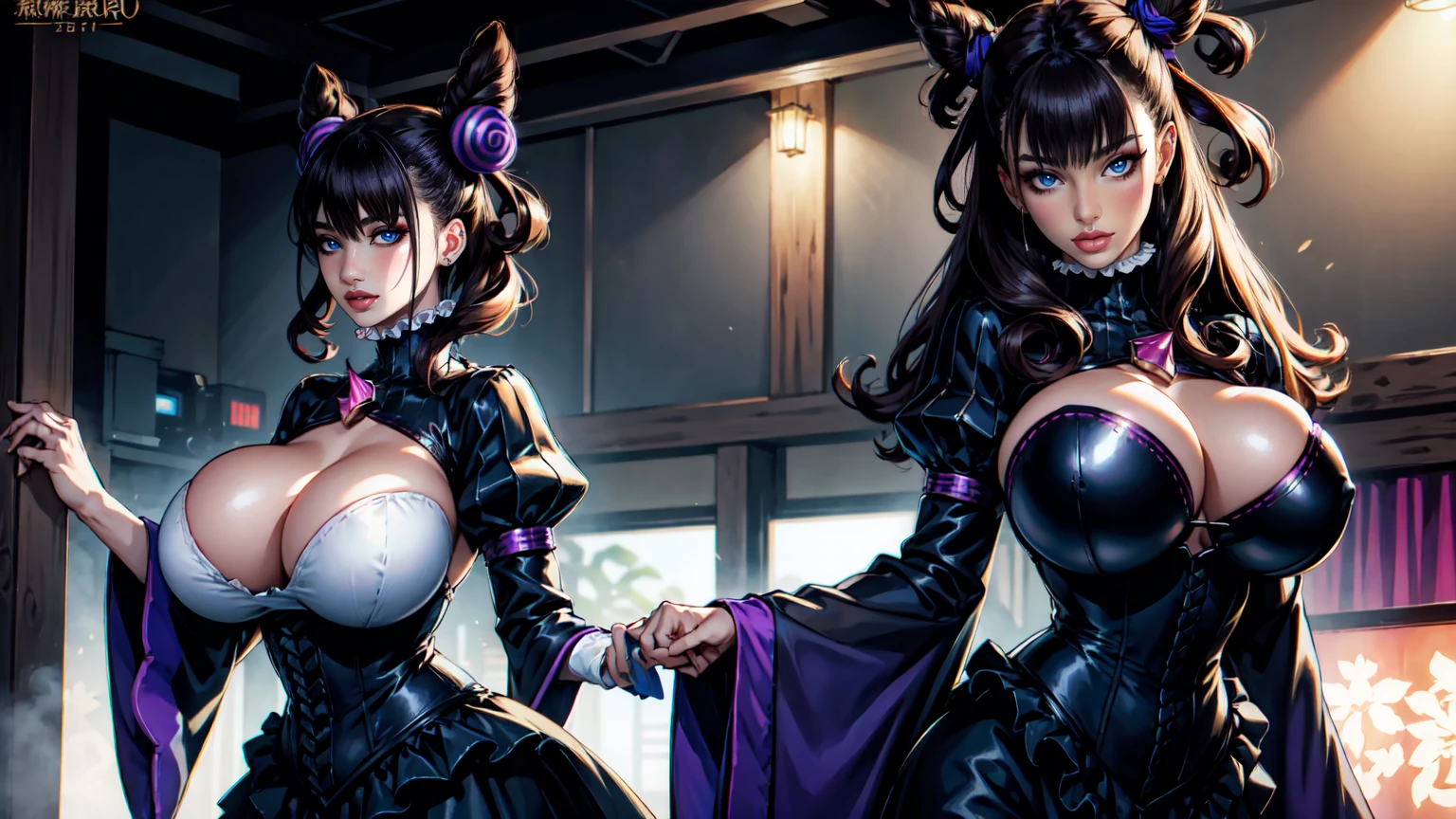 1girl,murasakishikibu, murasaki shikibu, brown hair, (purple eyes:1.1), long hair, big breast, BREAK black dress, dress,, frills, juliet sleeves, long sleeves, puff and slash sleeves, puffy sleeves, purple gemstone, sleeves past wrists, wide sleeves, cone hair bun, double bun, hair bun, hair ornament, long hair, two side up,BREAK (masterpiece:1.2),(beautiful detailed eyes:1.6), extremely detailed face, perfect lighting, extremely detailed CG, (perfect hands, perfect anatomy), standing on strip club stage and dancing