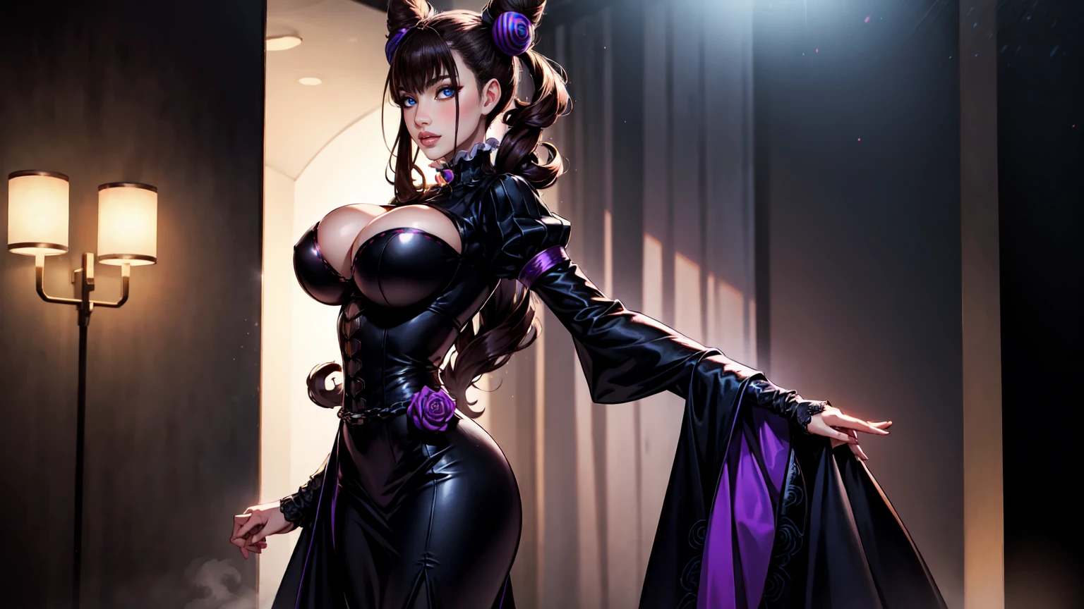 1girl,murasakishikibu, murasaki shikibu, brown hair, (purple eyes:1.1), long hair, big breast, BREAK black dress, dress,, frills, juliet sleeves, long sleeves, puff and slash sleeves, puffy sleeves, purple gemstone, sleeves past wrists, wide sleeves, cone hair bun, double bun, hair bun, hair ornament, long hair, two side up,BREAK (masterpiece:1.2),(beautiful detailed eyes:1.6), extremely detailed face, perfect lighting, extremely detailed CG, (perfect hands, perfect anatomy), standing on strip club stage and dancing
