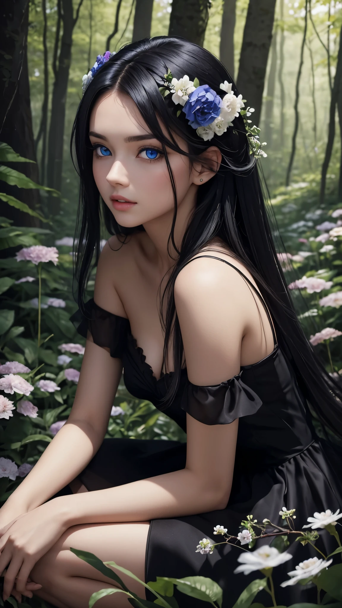 Beautiful girl with blue eyes and black hair wearing an elegant black dress in a beautiful forest full of flowers