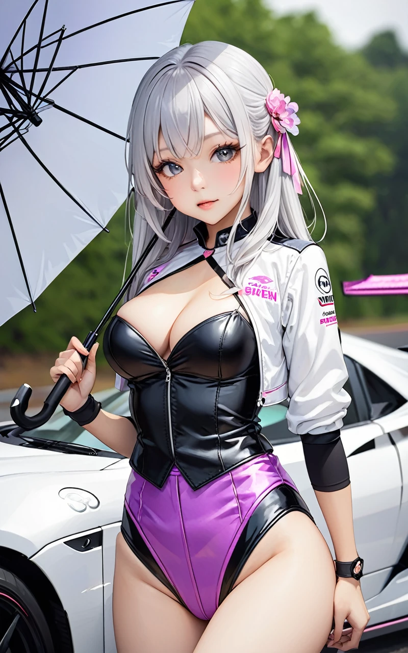 Highest quality、super high quality、16K, Breast size is random、Facial expressions are random、Location is random、 Hair color is silver hair、The pose is with an umbrella、The distance is random、The angle is from the side、Small face、Very delicate facial expressions、Delicate eye depiction、Highly detailed hair、Erotic、18-year-old female、Glowing Skin、Soft Skin、Lower Body、The only sexy Japanese woman、Race queen outfit random、