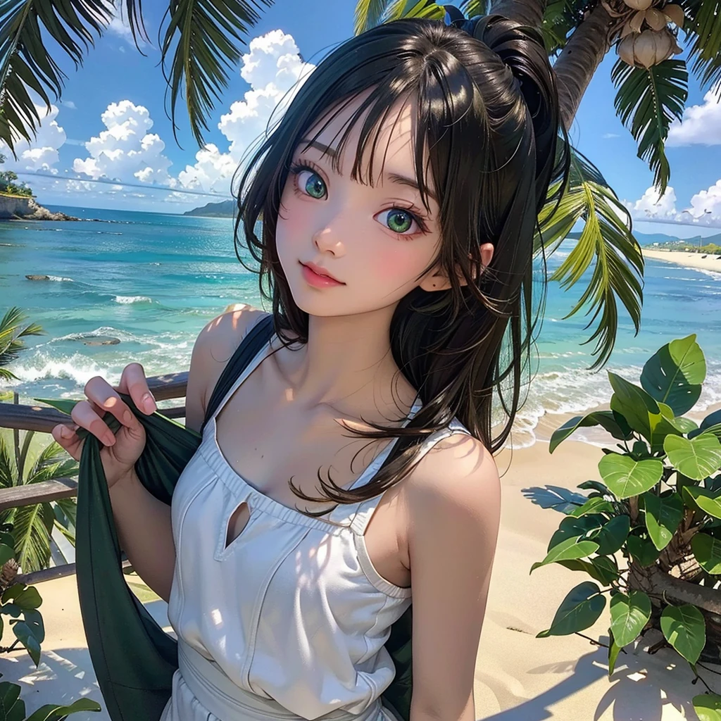 One Girl,(1人のとてもcute女の子:1.3),masterpiece,Highest quality,High resolution,Photorealistic,RAW Photos,Ray Tracing,beautiful girl,(15 years old:1.3),cute,Big eyes,(detailed pupils:1.2),(The face is facing straight ahead:1.3),Body facing forward,Beautiful nose,Fuller lips,Short black hair,ponytail,short hair,Detailed eyelashes,Thin eyebrows,Very fine grain definition,(Symmetrical eyes:1.3),(Face close-up,Face Focus:1.0),Small breasts,Short neck,White swimsuit,White Bikini,The background is the sea,Southern Island,Blue sky,White cloud,Portrait,View Viewer,Upper Body,Cinema Lighting,High resolution,Very detailed