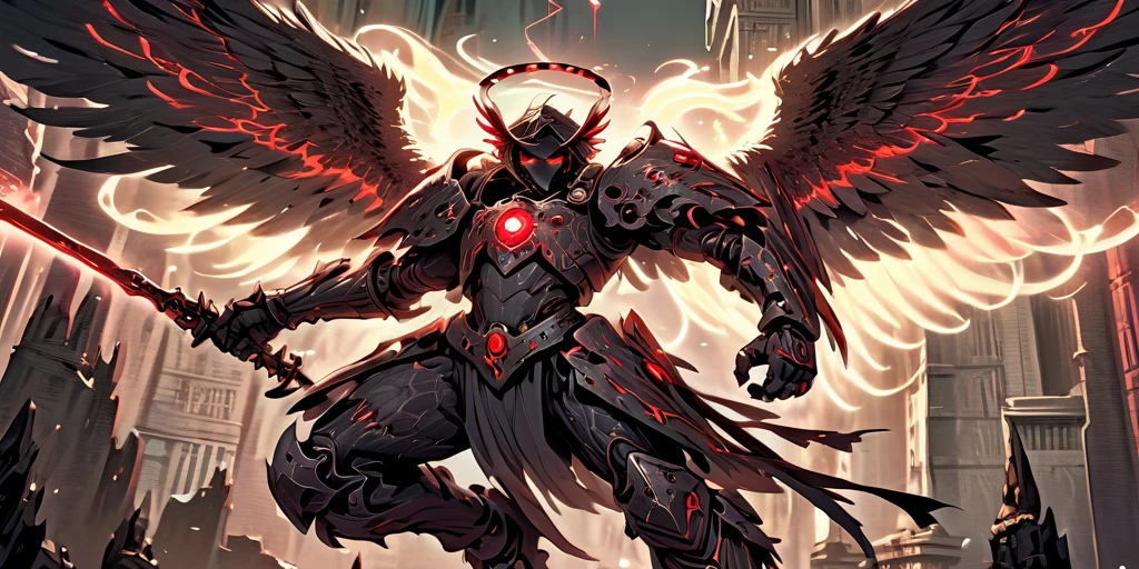 Ancient anime style, artbook, comicbook, RPG, futuristic medieval, steampunk. A dark angel warrior, wearing medieval technological magic armor with glowing magic markings, dynamic pose, full body, human face with glowing magic tribal tattoos with red tones, angel features, black halo with glowing magic markings, magic red stone skin with glowing carved markings, glowing eyes, using a technological magic long spear with glowing magic circuits. In a metropolis of a hellish kingdom with advanced technology, with tall buildings with neon details, mixing technology with magical vegetation, steampunk. Wide scenery, cinematic scene with several layers of depth, dynamics, magical lighting.