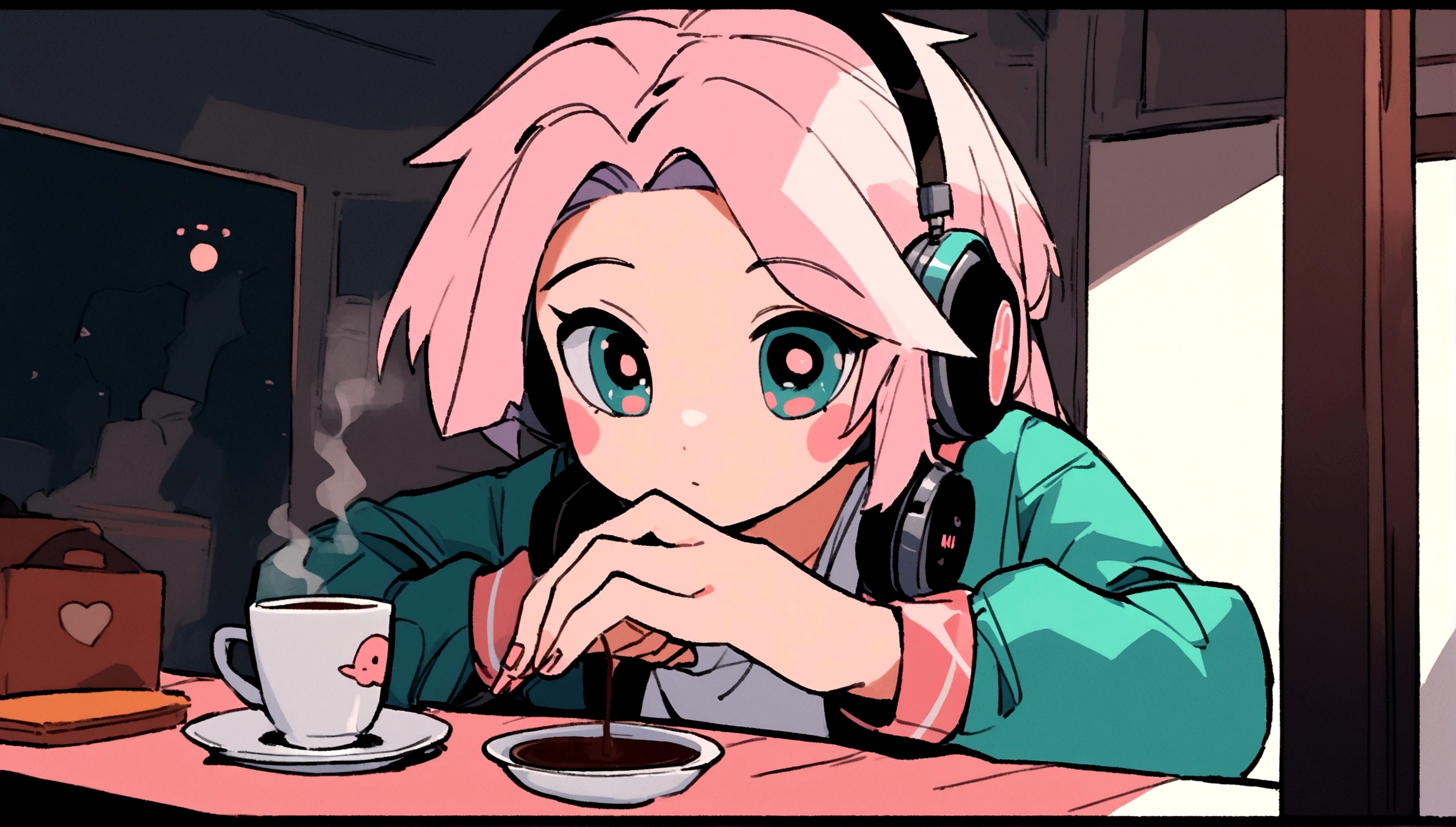 cartoon of a woman sitting at a table with headphones on,  NULL, A cup of coffee on the table,Praise Artstyle, lofi art, Hip Hop Lofi, lofi portrait, Lofi Sensation, NULL vibrations, NULL, lofi girl aesthetic, vibe NULL, cores NULL, lo-fi art, lofi aesthetic, lo-fi illustration style, chillhop