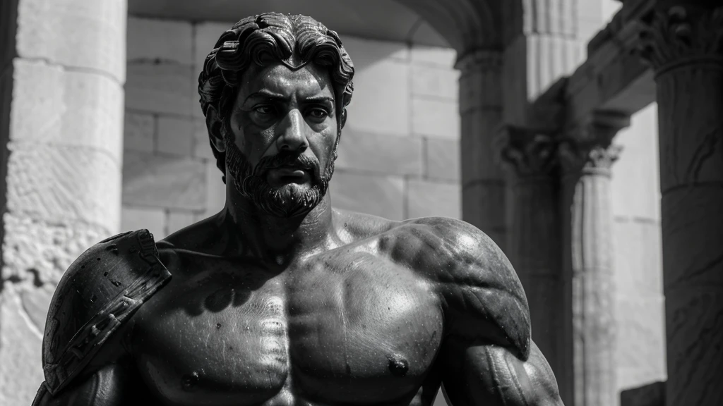 a portrait statue of the stoic Marcus Aurelius in black and white 4K, Super realistic ANCIENT GREEK RUINS, fully body, corpo stark, brawny, stark, wearing no shirt, tronco stark, stark, wearing no shirt, strong arms, 8K, ultra realisitic, cinematographic