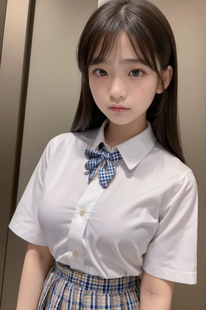((highest quality, 8K, masterpiece :1.3)), Photorealistic、Ultra-high resolution、Natural skin texture、Hyperrealism、Photograph from the knee up、12 year old beautiful Japanese girl、Large breasts、White collared shirt and tie、Checkered mini skirt、Serious expression、Angry