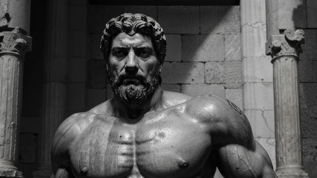 a portrait statue of the stoic Marcus Aurelius in black and white 4K, Super realistic ANCIENT GREEK RUINS, fully body, corpo stark, brawny, stark, wearing no shirt, tronco stark, stark, wearing no shirt, strong arms, 8K, ultra realisitic, cinematographic

