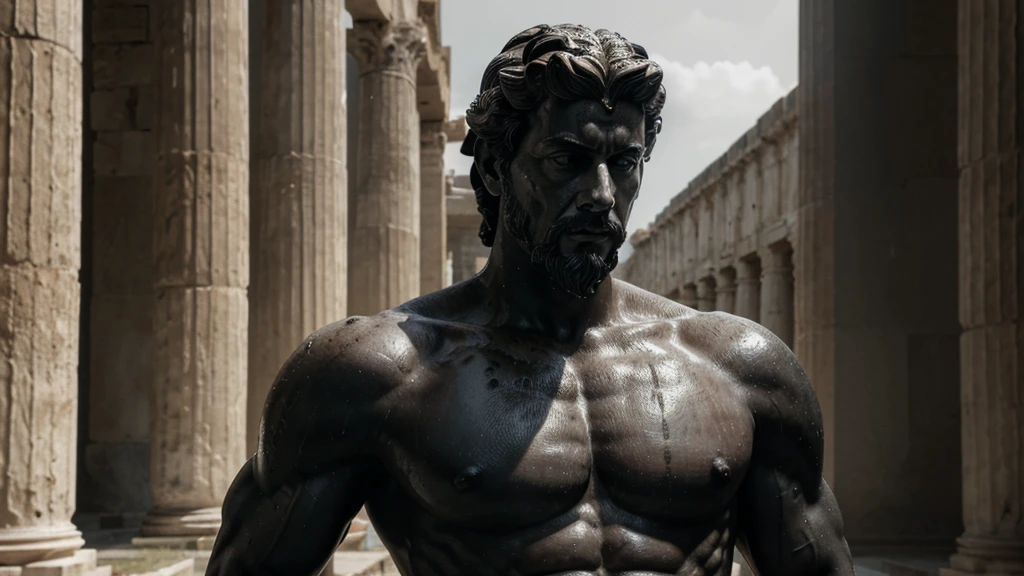 a portrait statue of the stoic Marcus Aurelius in black and white 4K, Super realistic ANCIENT GREEK RUINS, fully body, corpo stark, brawny, stark, wearing no shirt, tronco stark, stark, wearing no shirt, strong arms, 8K, ultra realisitic, cinematographic